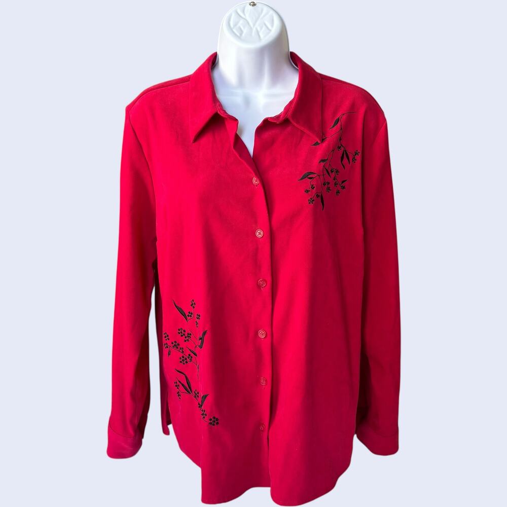 Cascade Blue PM Floral Embroidered Button Up Blouse Red Regular Fit